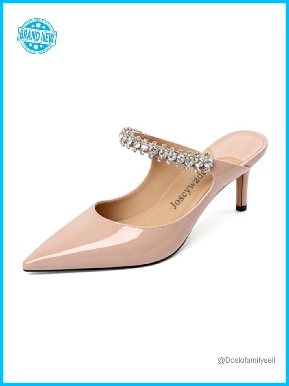 Pointed Toe Crystal Mule Kitten Heels Slip On Faux Leather